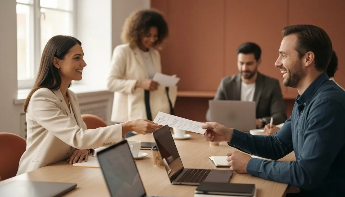 Une formatrice remet une attestation imprimée à un stagiaire à la fin d'une session de formation, autour d'une table de réunion