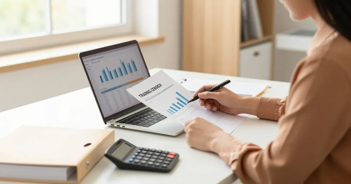 Une responsable d'organisme de formation prépare son bilan pédagogique et financier sur ordinateur, avec une calculatrice et un classeur