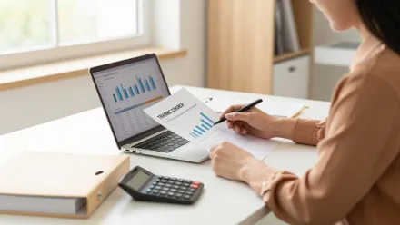 Responsable d'organisme de formation remplit son bilan pédagogique et financier, dossiers et calculatrice posés sur le bureau