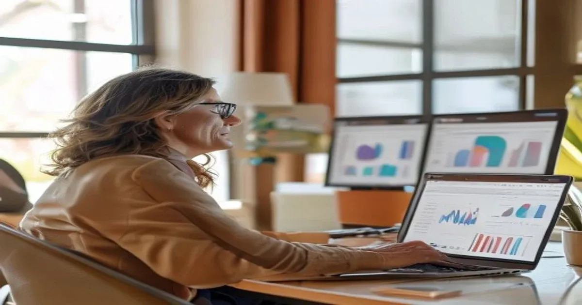 Une dirigeante d'organisme de formation pilote ses indicateurs qualité et financements sur son ordinateur, dans un bureau aux tons chauds