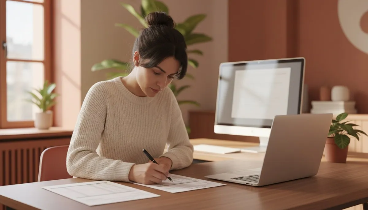 Une responsable administrative compare au stylo une feuille d'émargement imprimée et un autre document, un ordinateur portable ouvert à côté