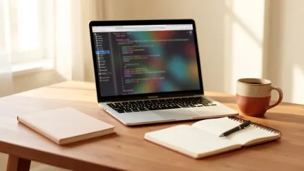 Ordinateur portable ouvert sur un éditeur de code, posé sur un bureau en bois à côté d'un carnet et d'une tasse