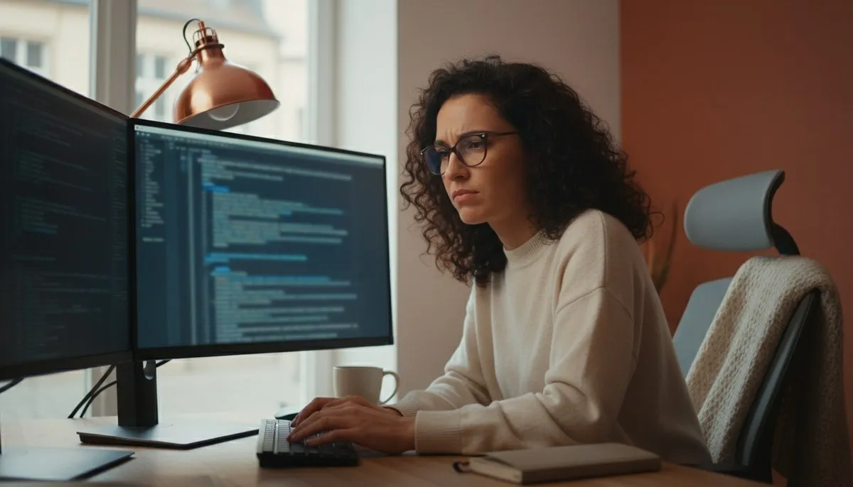 Développeuse qui relit attentivement du code à l'écran, le réflexe indispensable face aux limites de Claude Code