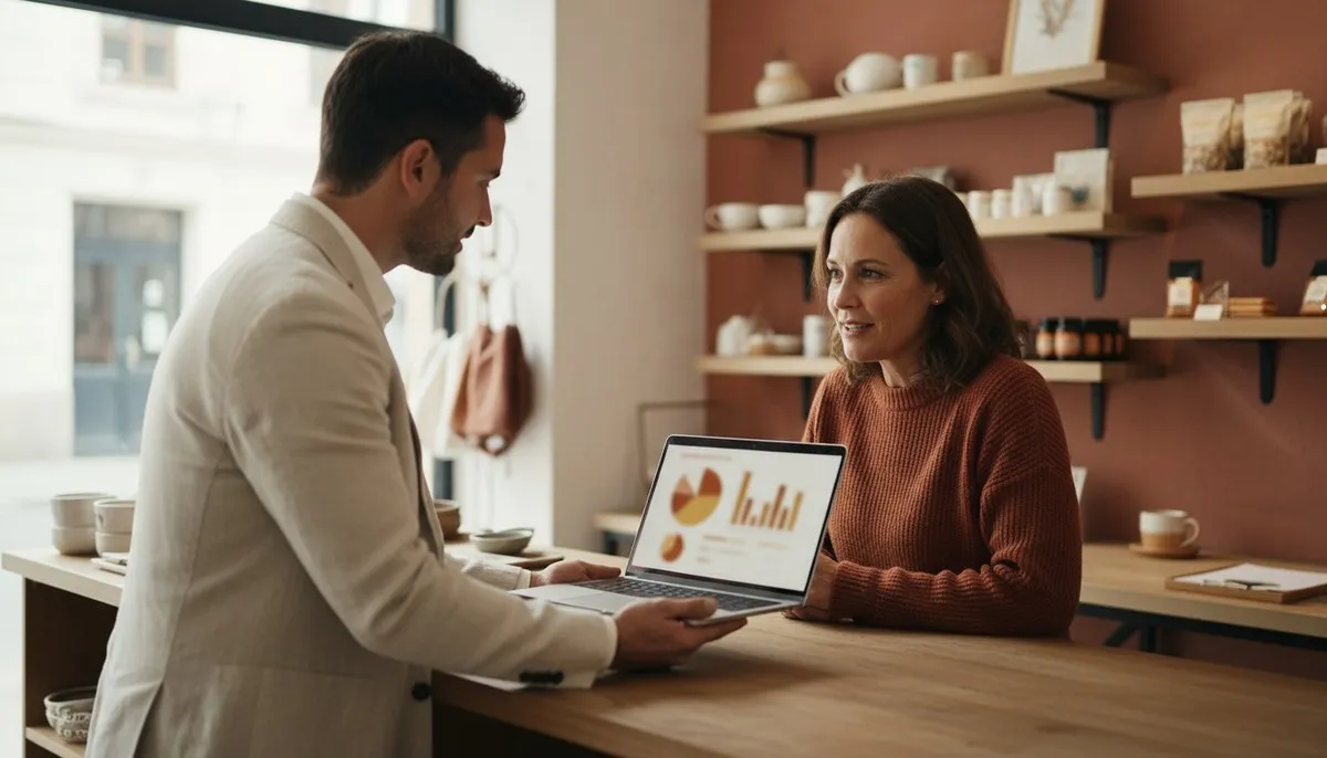 Consultant Claude Code qui présente un tableau de bord sur ordinateur portable à la gérante d'un commerce indépendant