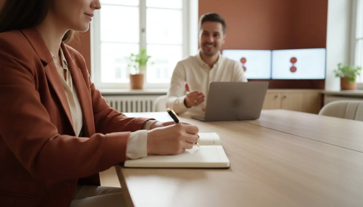 Premier rendez-vous de diagnostic entre une consultante qui prend des notes et un dirigeant, avant un projet Claude Code