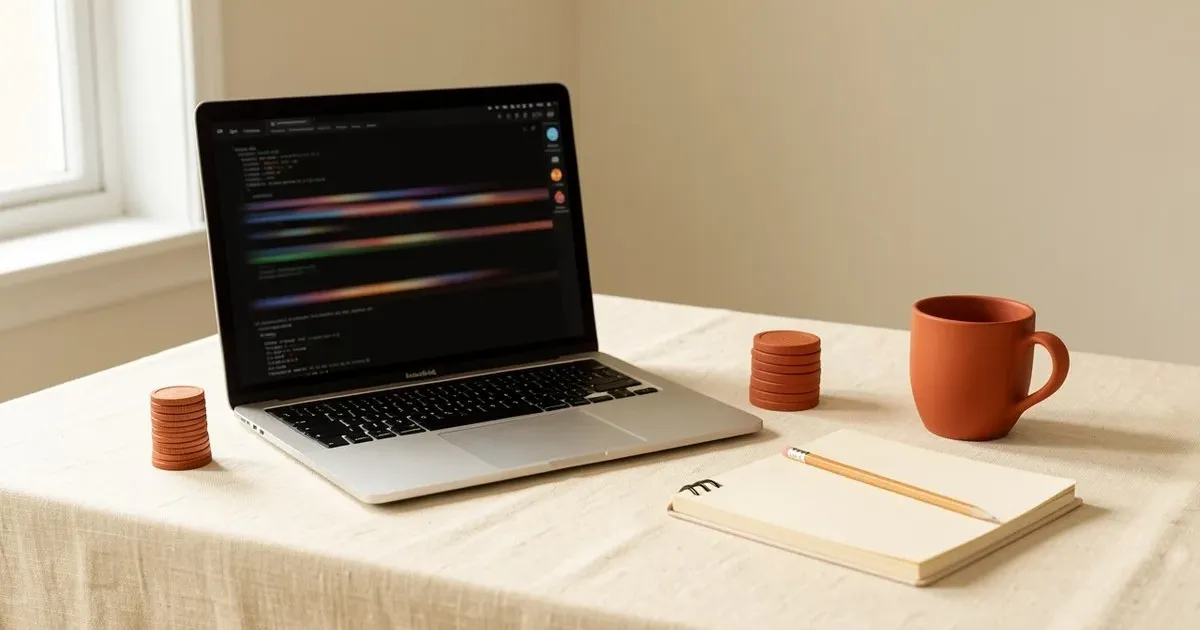 Ordinateur portable ouvert sur un terminal, à côté de piles de jetons couleur terracotta et d'un carnet, pour illustrer le prix de Claude Code