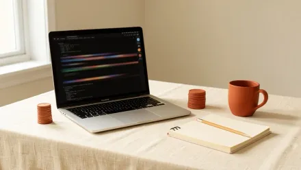 Ordinateur portable ouvert sur un terminal, à côté de piles de jetons couleur terracotta et d'un carnet, pour illustrer le prix de Claude Code
