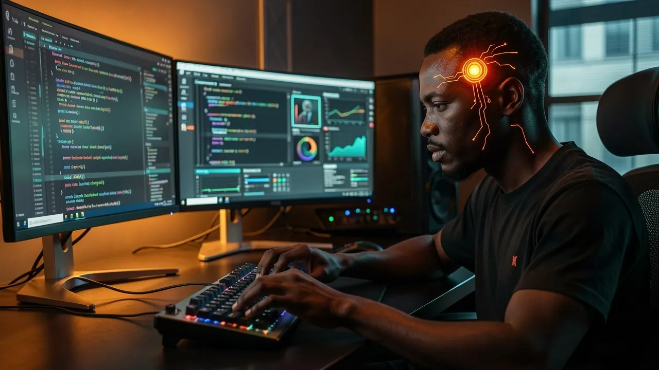 Consultant IA malgache de Claude Agency, implant Neuralink lumineux sur la tempe, tapant sur son clavier devant trois écrans de code