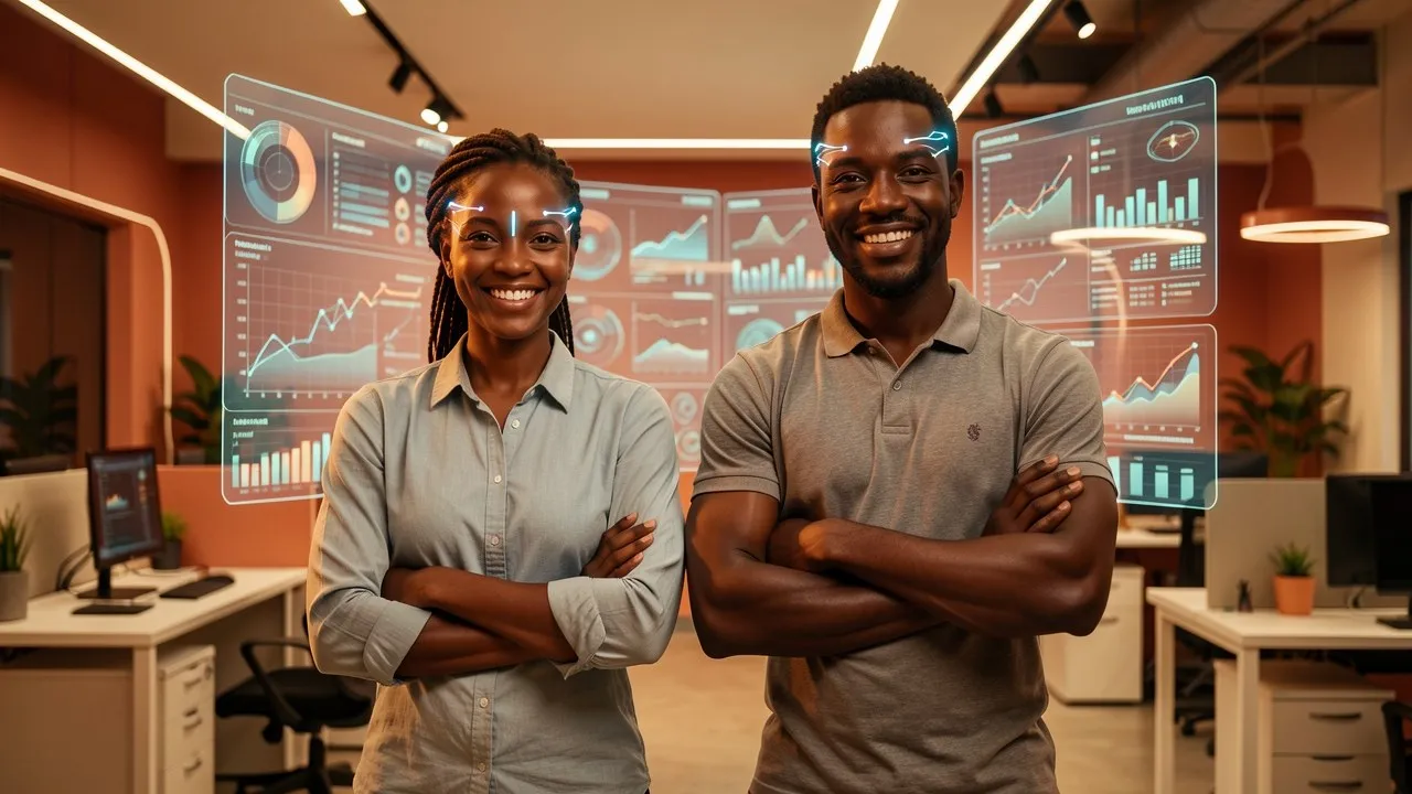 Deux consultants IA de Claude Agency à Madagascar devant des tableaux de bord holographiques
