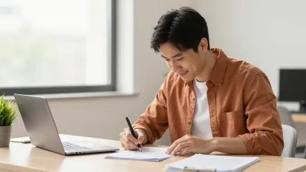 Responsable d'organisme de formation préparant son dossier de déclaration d'activité sur un ordinateur, avec des documents administratifs sur un bureau lumineux