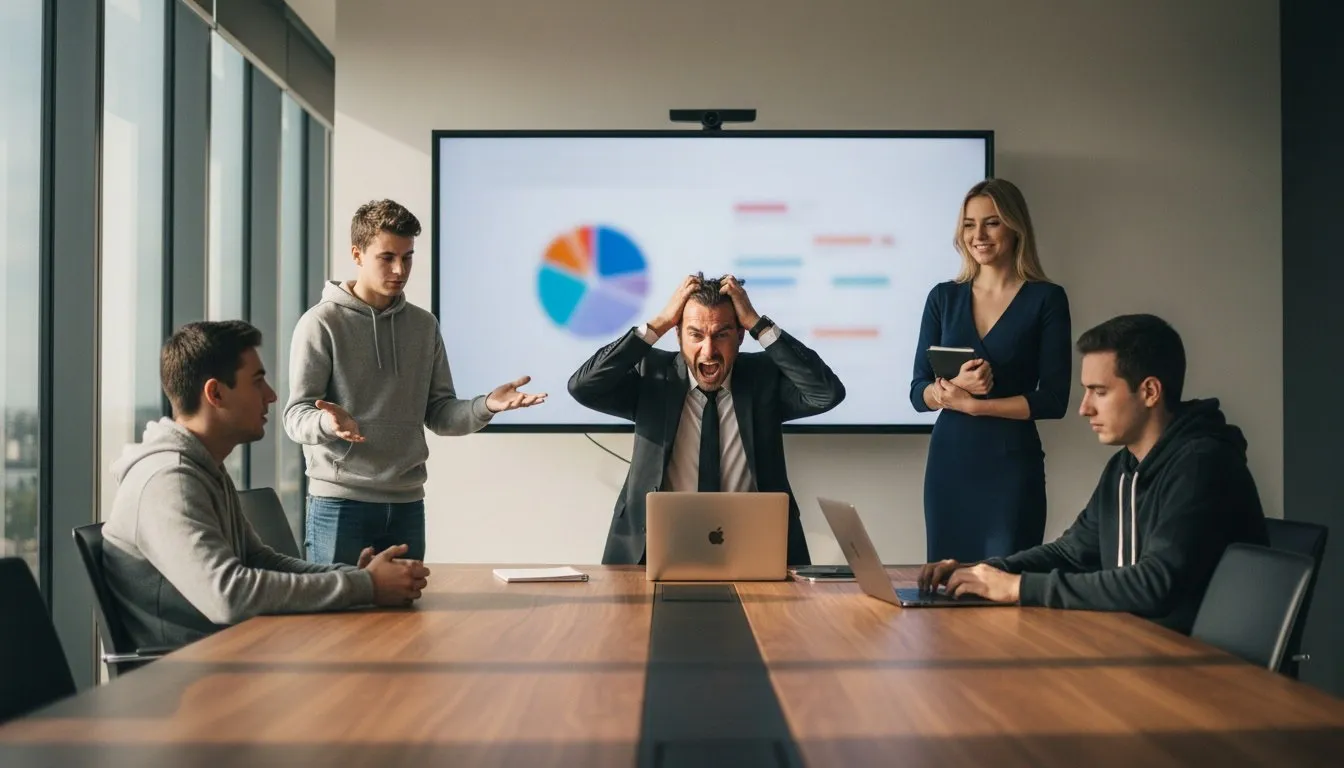 Un dirigeant en costume s’arrache les cheveux face à trois jeunes consultants marketing démunis autour d’une table de réunion