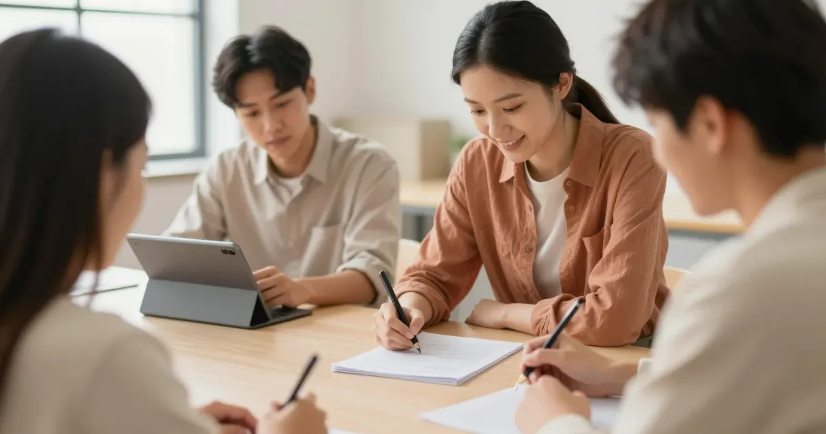 Des apprenants signent une feuille d'émargement numérique sur tablette dans une salle de formation lumineuse