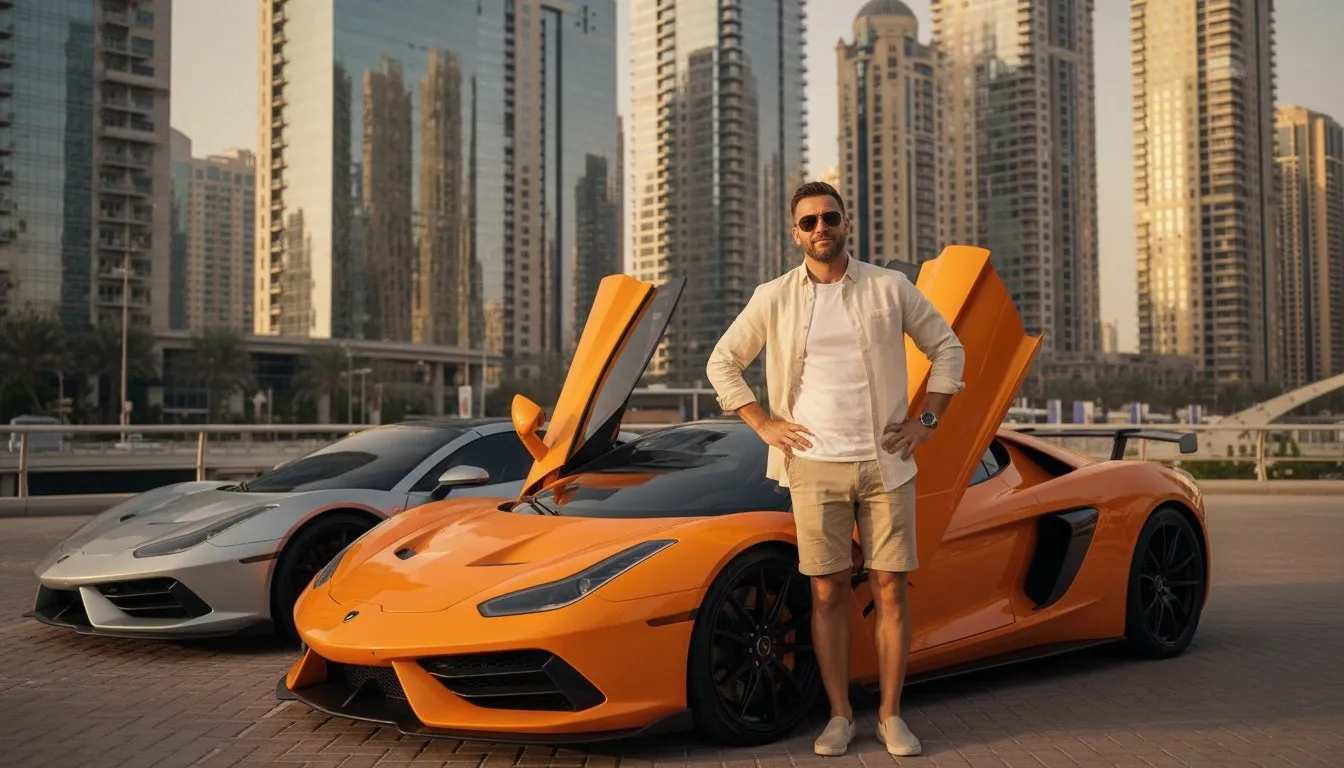 Un homme en chemise de lin pose devant deux voitures de sport garées au pied des tours de Dubaï