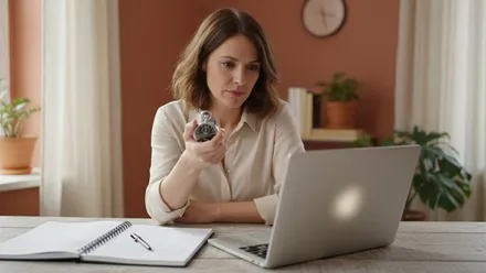 Une dirigeante de petite entreprise tient un chronomètre face à son ordinateur portable, un carnet ouvert sur le bureau