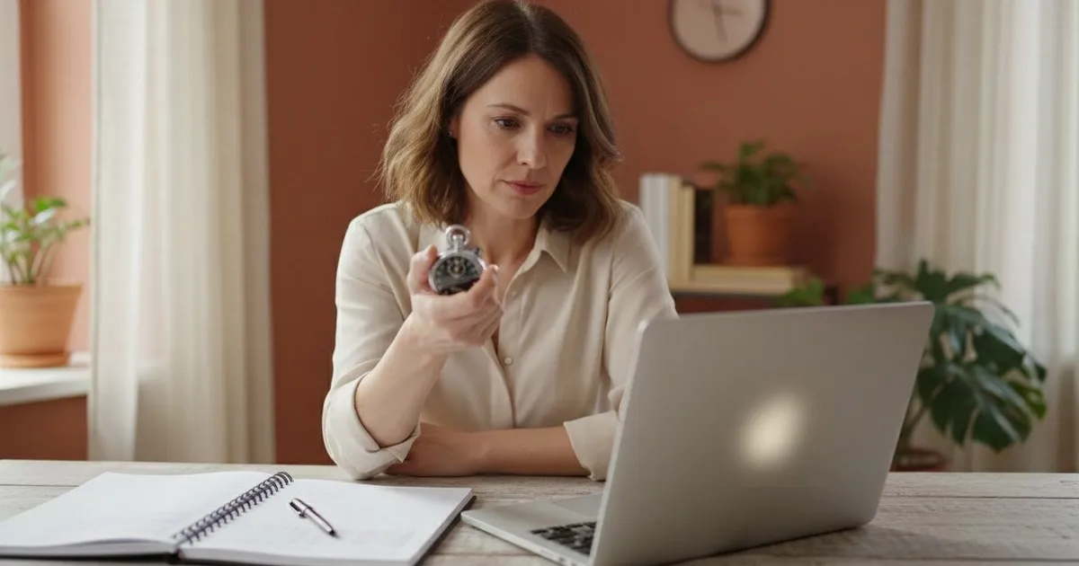 Une dirigeante de petite entreprise tient un chronomètre face à son ordinateur portable, un carnet ouvert sur le bureau