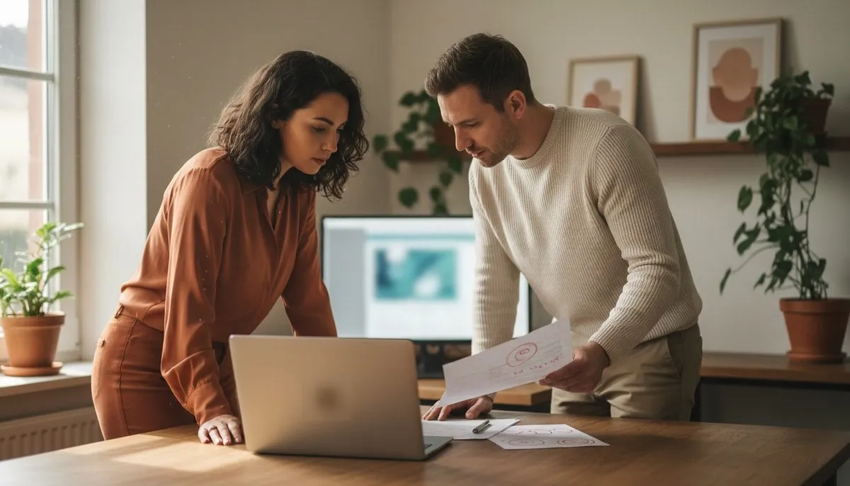 Une manager et un collaborateur comparent deux versions imprimées d'un document annoté au stylo rouge, un ordinateur portable ouvert entre eux