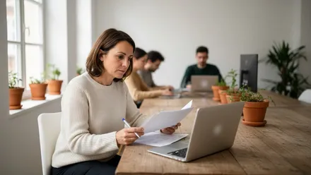 Dirigeante de petite entreprise relisant des documents imprimés devant un ordinateur portable, son équipe au travail en arrière-plan