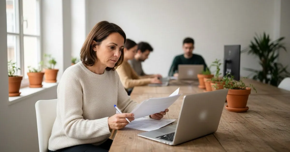 Dirigeante de petite entreprise relisant des documents imprimés devant un ordinateur portable, son équipe au travail en arrière-plan