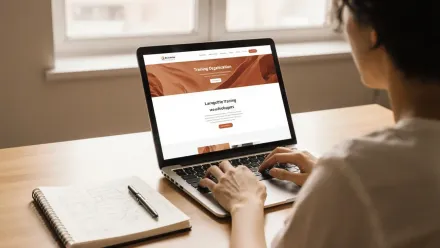 Un concepteur web améliore le site d'un organisme de formation sur un ordinateur portable, dans un bureau lumineux et chaleureux