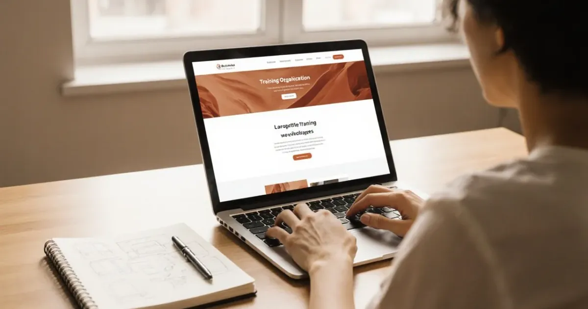 Un concepteur web améliore le site d'un organisme de formation sur un ordinateur portable, dans un bureau lumineux et chaleureux