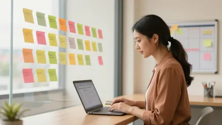 Stagiaire consultant son livret d'accueil le premier jour d'une formation, dans une salle lumineuse