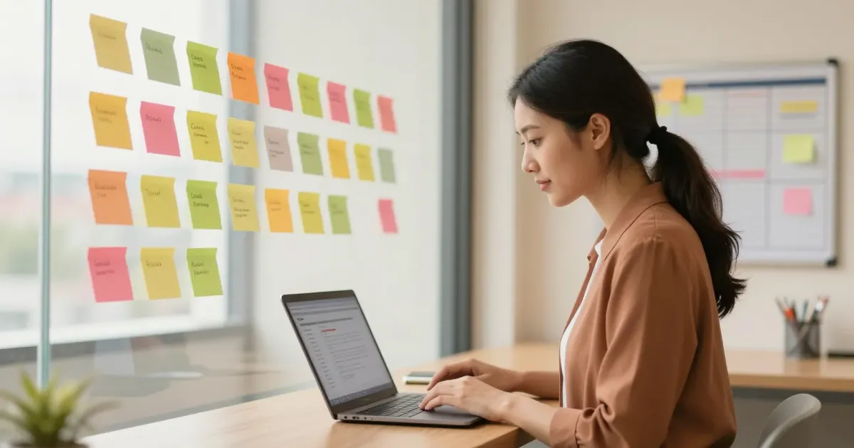 Stagiaire consultant son livret d'accueil le premier jour d'une formation, dans une salle lumineuse