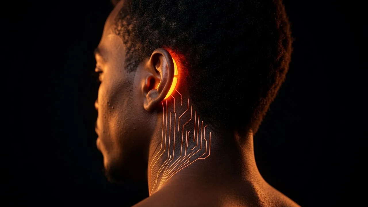 Gros plan sur l'implant cybernétique lumineux posé derrière l'oreille d'un consultant malgache