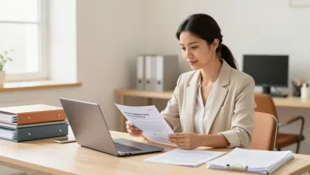 Une responsable d'organisme de formation prépare son dossier de certification Qualiopi sur un ordinateur portable dans un bureau lumineux