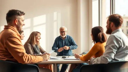 Une session de formation bien remplie : un formateur échange avec un groupe d'adultes engagés dans une salle lumineuse