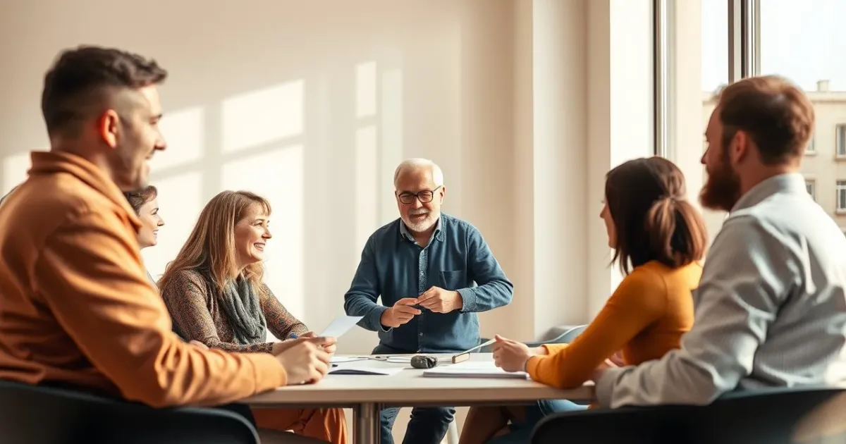 Une session de formation bien remplie : un formateur échange avec un groupe d'adultes engagés dans une salle lumineuse