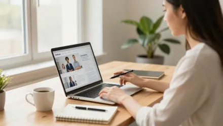 Une professionnelle prépare une campagne de publicité en ligne sur un ordinateur portable, dans un bureau chaleureux